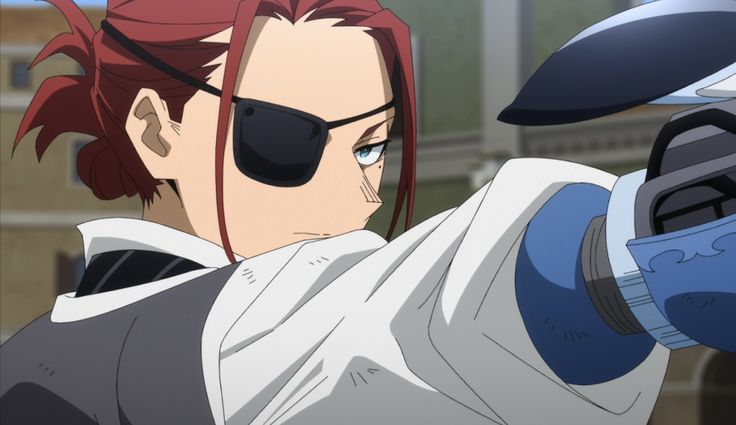 an anime character with red hair and sunglasses aiming at something