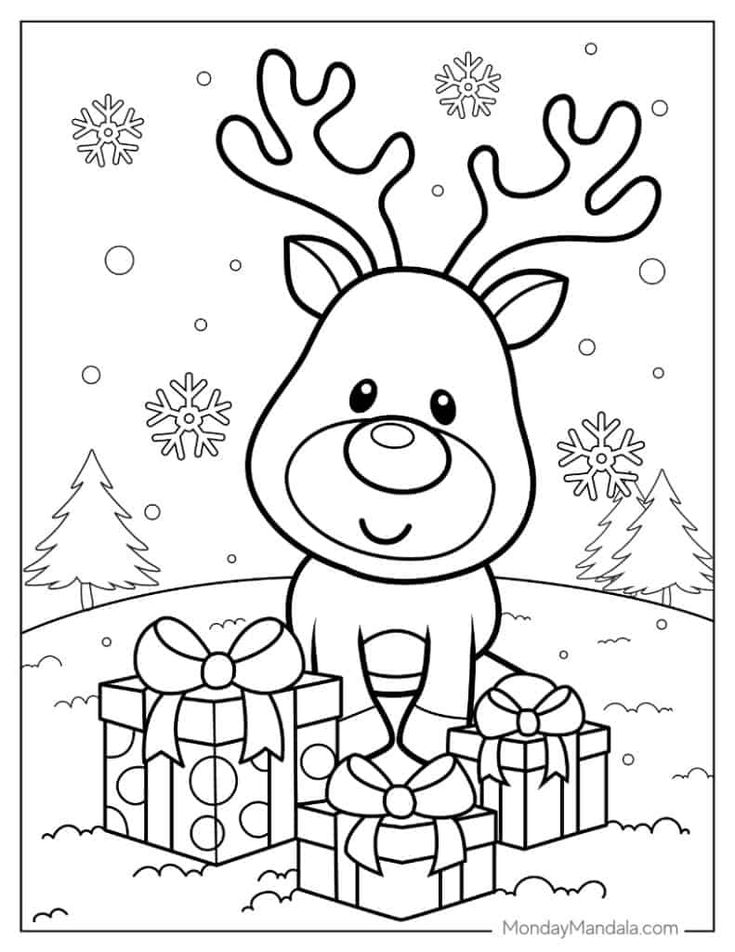 rudolph the reindeer coloring page with presents