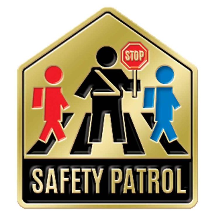 a sign that says safety patrol with people walking and holding a stop sign in front of it