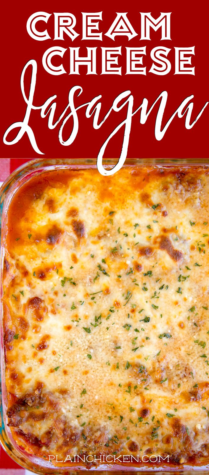 a cheesy lasagna casserole in a glass dish with the title overlay