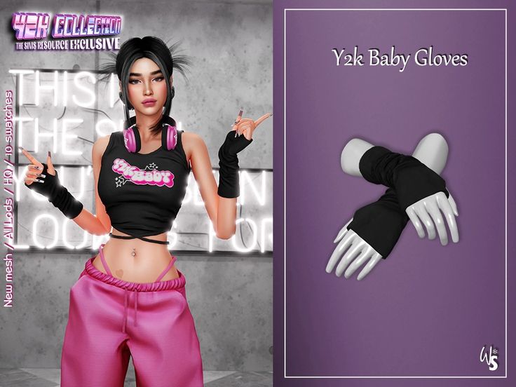 a woman in pink pants and black top with her hands up to the side, wearing gloves