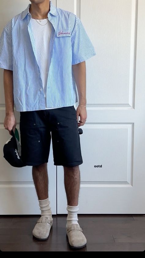 Boyfriend Outfit Men Summer, Guys Fashion Casual Summer, Men’s Linen Shorts, Mens Clogs Outfit, Summer Outfit Men 2024, Mens Jorts Outfits, Clogs Outfit Men, Boy Casual Outfits, Men Vacation Outfits