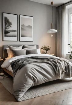 a bedroom with grey walls and white bedding in the corner, two framed pictures on the wall