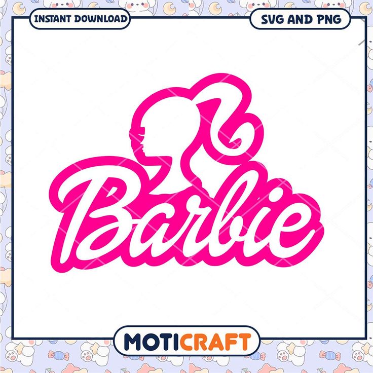 the word barbie is shown in pink on a blue and white background with small hearts