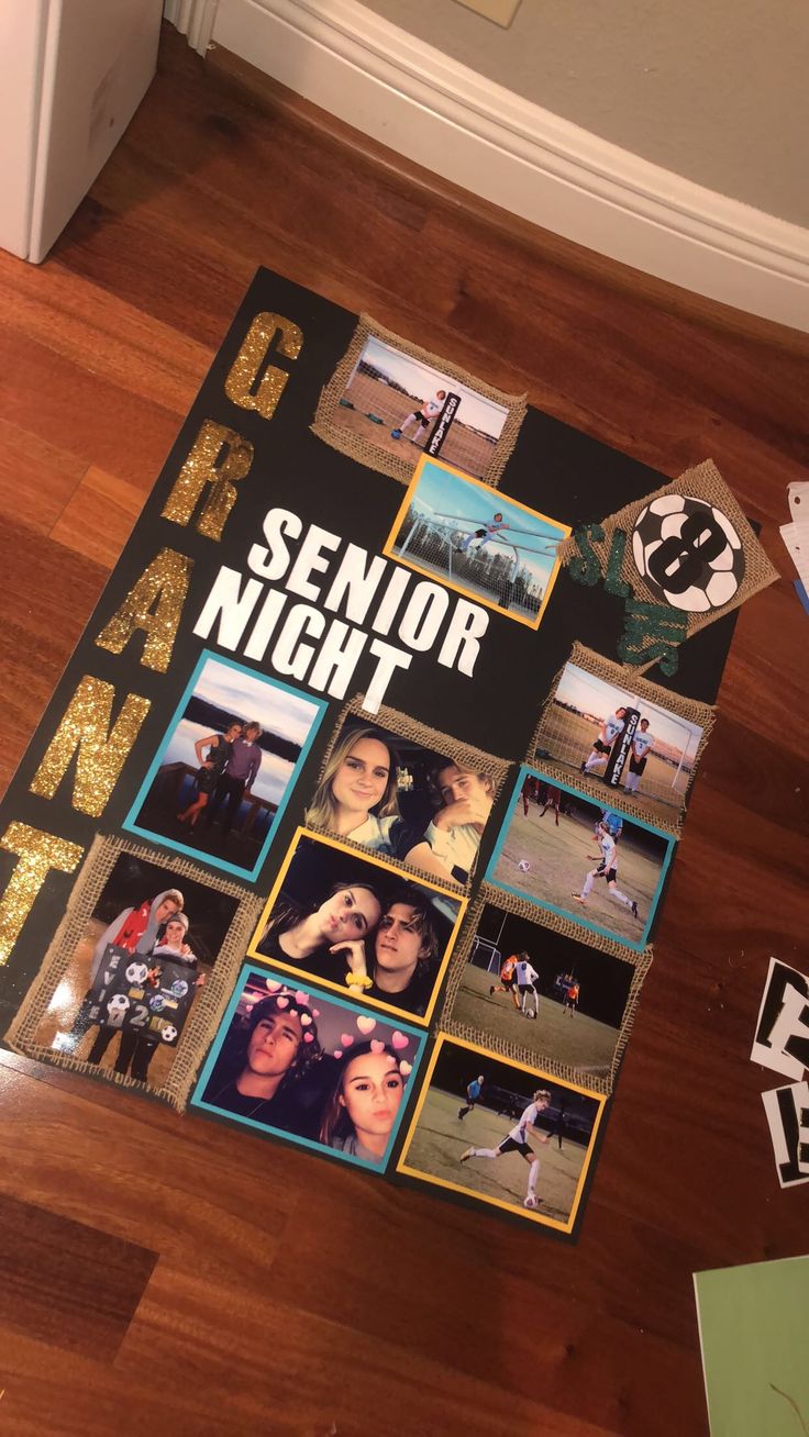 a poster on the floor that says senior night with pictures of people and letters all over it