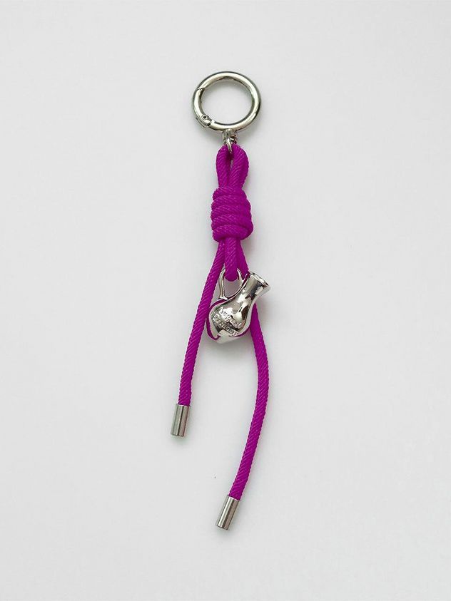 a purple keychain with a metal hook attached to it