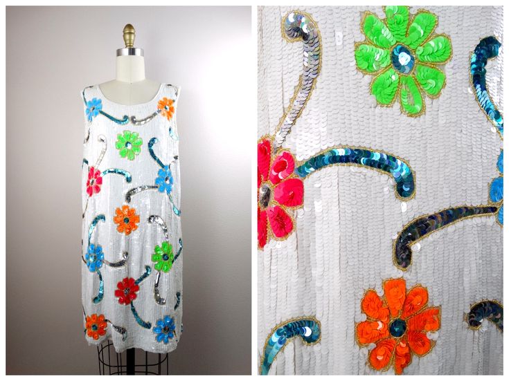 "This is such a unique vintage dress. It's fully embellished with bright and colorful sequins and glass beading in an artsy floral design. It's in excellent condition! Bust - 38\" Waist - 38\" Hips - 38\" Length - 35\" This dress comes from a pet-free and smoke-free home. If you would like more info or have any questions, please don't hesitate to ask!" Spring Embellished Dresses For Costume Party, Summer Sequin Embellished Dress For Costume Party, Summer Festival Embellished Sequin Dress, Spring Multicolor Sequin Fabric, Embellished Multicolor Sequin Summer Dress, Embellished Multicolor Sequin Dress For Summer, Spring Embellished Multicolor Sequin Fabric, Multicolor Embellished Sequin Summer Dress, Multicolor Embellished Sequin Dress For Summer