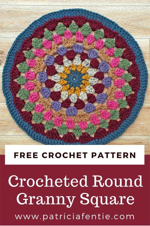 a crocheted round granny square with the text, free crochet pattern