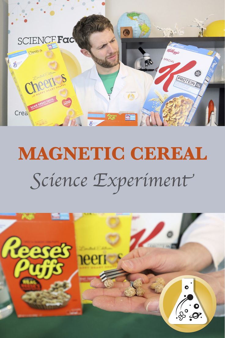 a man holding cereal in his hand and looking at it with the words magnetic cereal science experiment