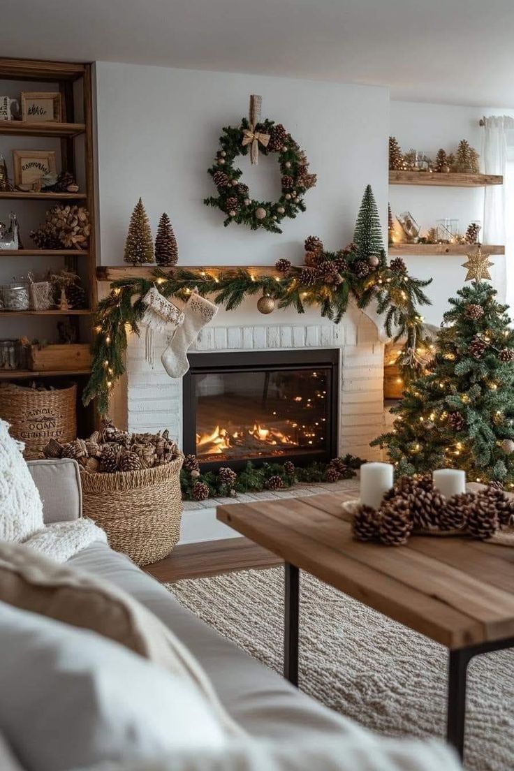 a living room decorated for christmas with pine cones and wreaths on the mantel