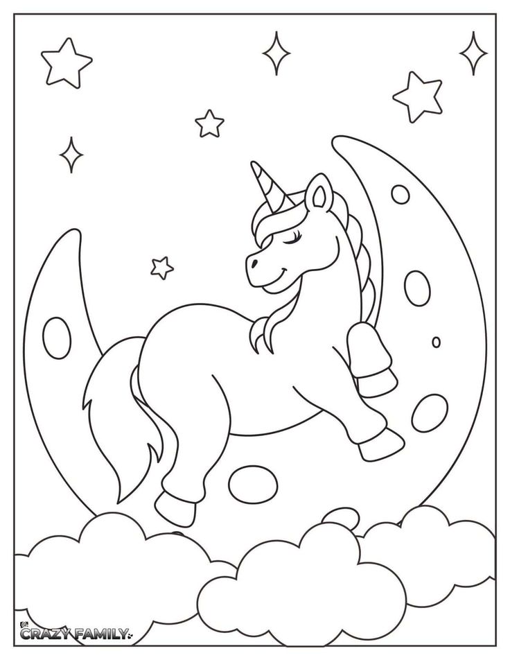 a unicorn sitting on the moon with stars in the sky behind it, coloring page