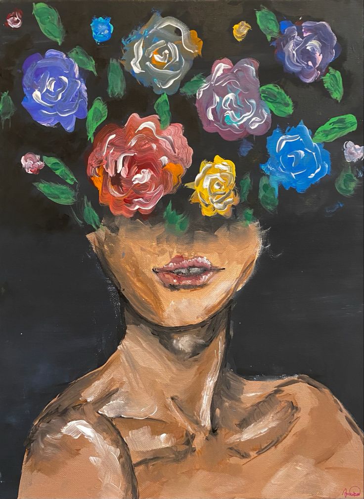 a painting of a woman with flowers on her head and shoulders, in front of a black background