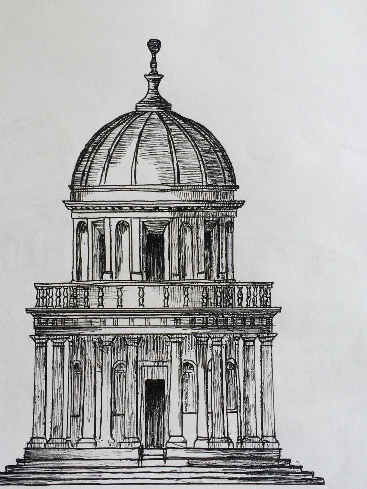 a black and white drawing of a building with a dome on it's roof