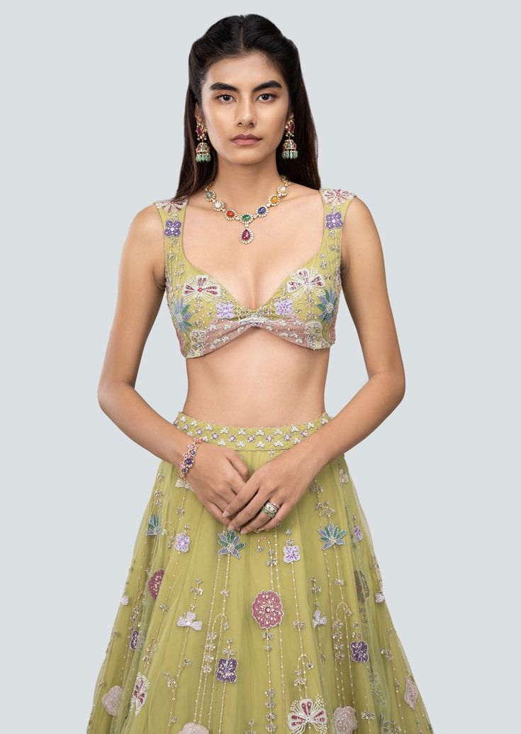 Citron net embellished, applique and mirror work kali mountain lehenga with blouse and floral border net dupatta. Bohemian Designer Choli With Sheer Dupatta, Green Embellished Anarkali Choli, Anarkali Embellished Green Choli, Anarkali Style Embellished Green Choli, Navratri Green Embellished Lehenga, Green Embellished Lehenga For Navratri, Pista Green Embellished Dupatta For Navratri, Embellished Green Lehenga For Navratri, Embellished Pista Green Dupatta For Navratri