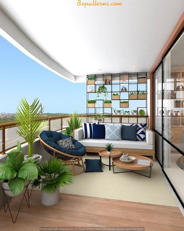 an artist's rendering of a living room with furniture and plants on the balcony