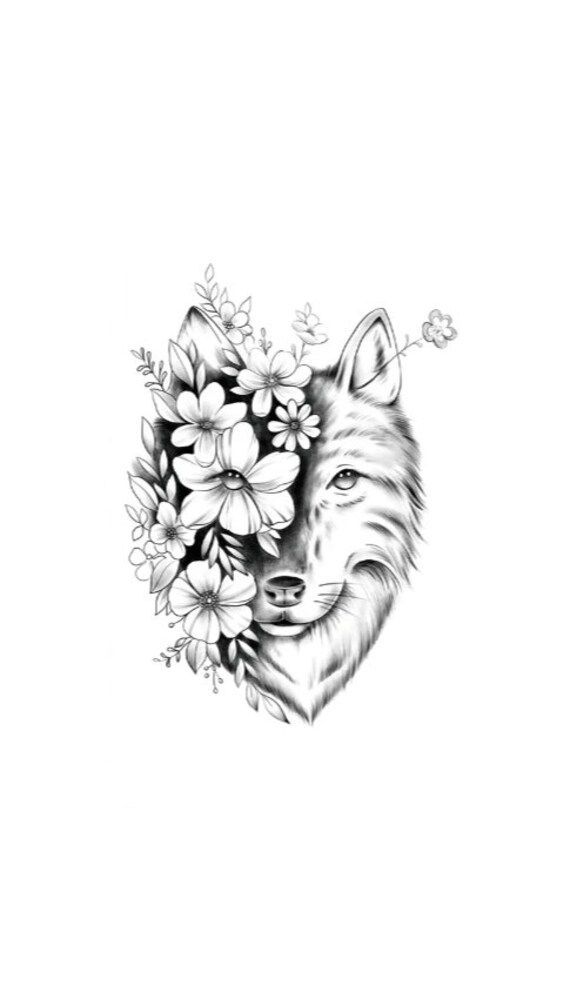 a drawing of a wolf with flowers in its mouth