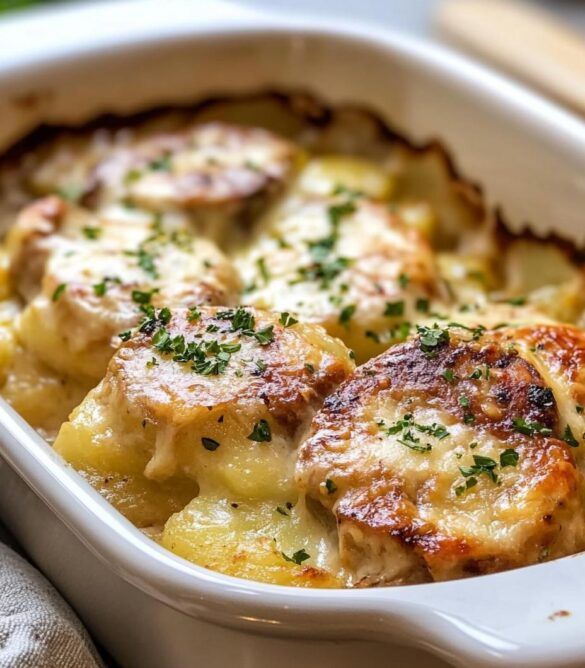 a casserole dish filled with potatoes and meat covered in parmesan cheese