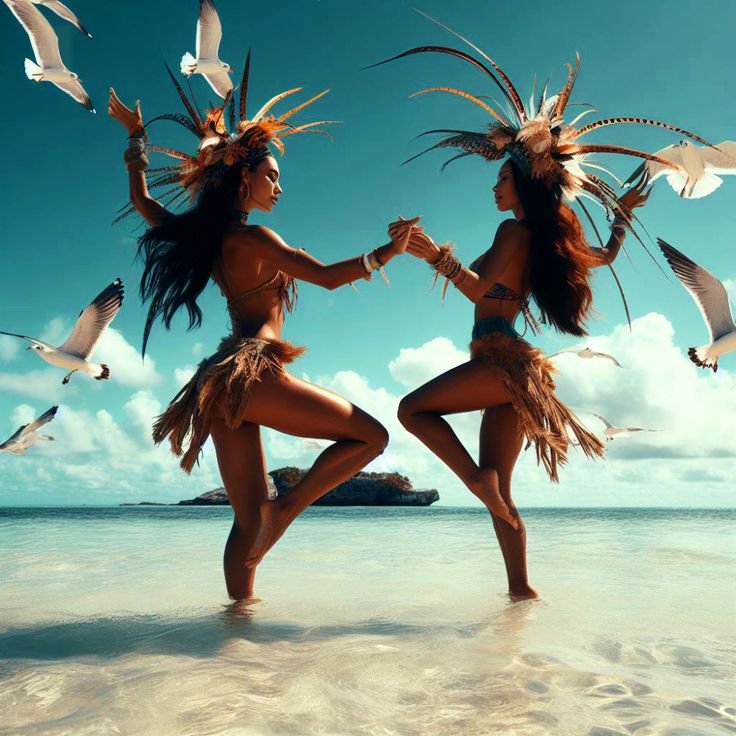 two women dancing on the beach with seagulls in the sky behind them,