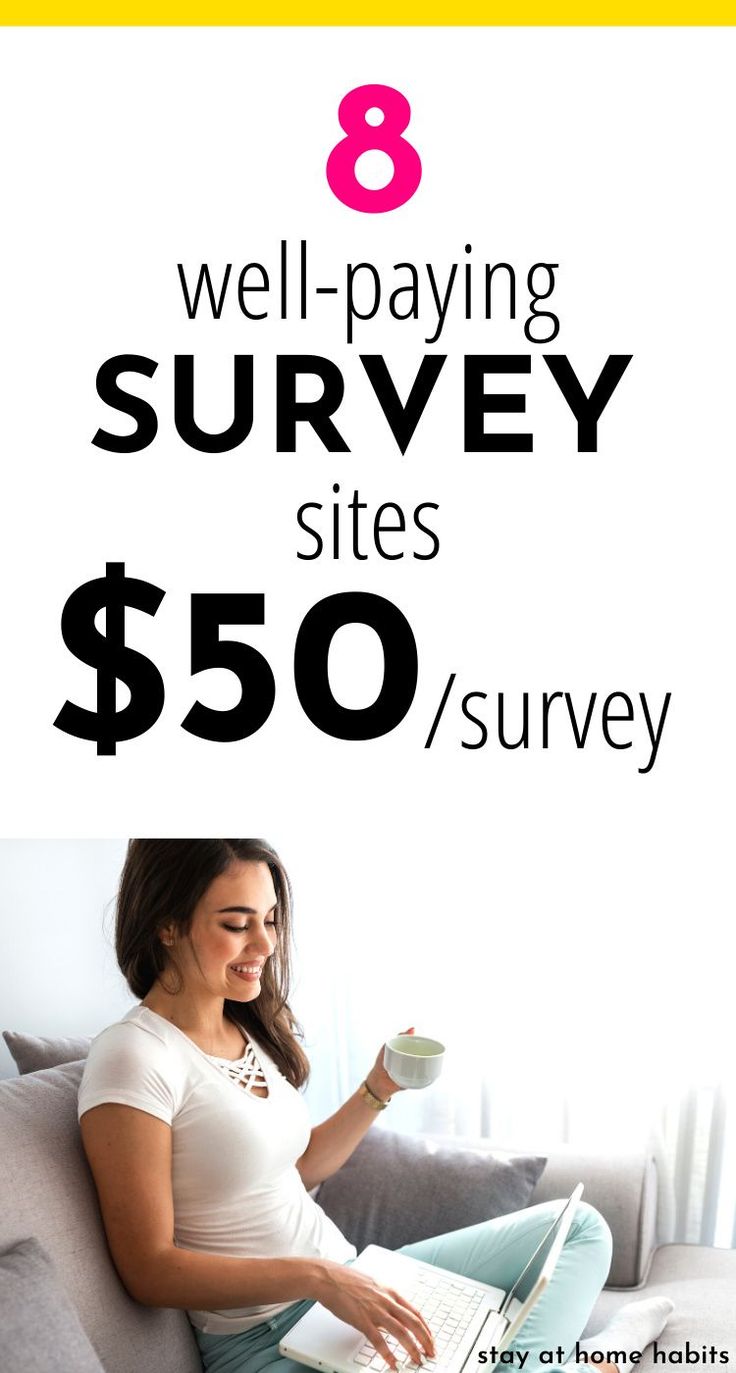 a woman sitting on a couch holding a coffee cup and looking at her laptop with the text 8 well - paying survey sites $ 50 / survey