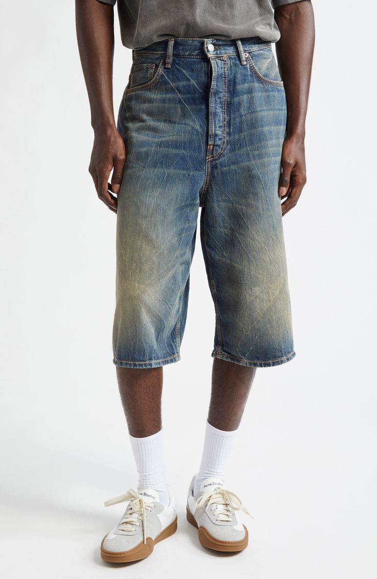 A weathered-and-veined finish brings a sense of instant history to these nonstretch-denim shorts crafted in a knee-length, baggy cut with a leather logo patch at the back. Zip fly with button closure Five-pocket style 100% cotton Machine wash, line dry Made in Italy Designer Clothing Streetwear Relaxed Fit Washed Jean Shorts, Washed Relaxed Fit Jean Shorts For Streetwear, Relaxed Fit Washed Jean Shorts For Streetwear, Rugged Relaxed Fit Medium Wash Bottoms, Distressed Rugged Bottoms With Relaxed Fit, Straight Leg Distressed Shorts For Streetwear, Rugged Denim Bottoms With Relaxed Fit, Faded Rugged Bottoms With Relaxed Fit, Rugged Relaxed Fit Faded Bottoms