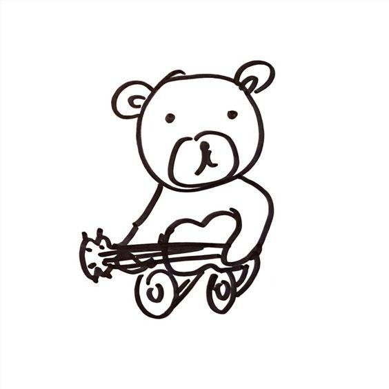 a black and white drawing of a teddy bear on a skateboard with a heart