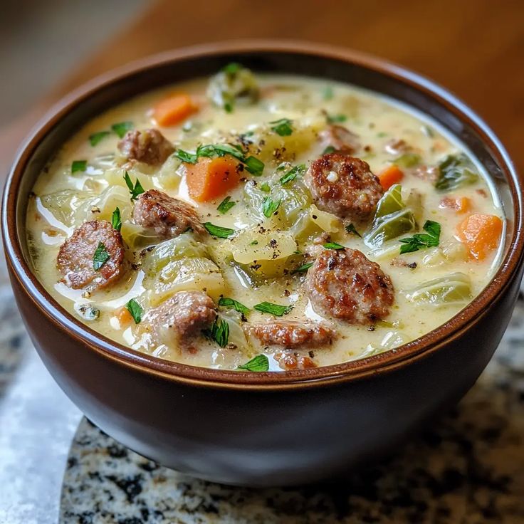 a bowl of soup with meatballs and vegetables