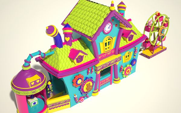 a brightly colored toy house with a ferris wheel