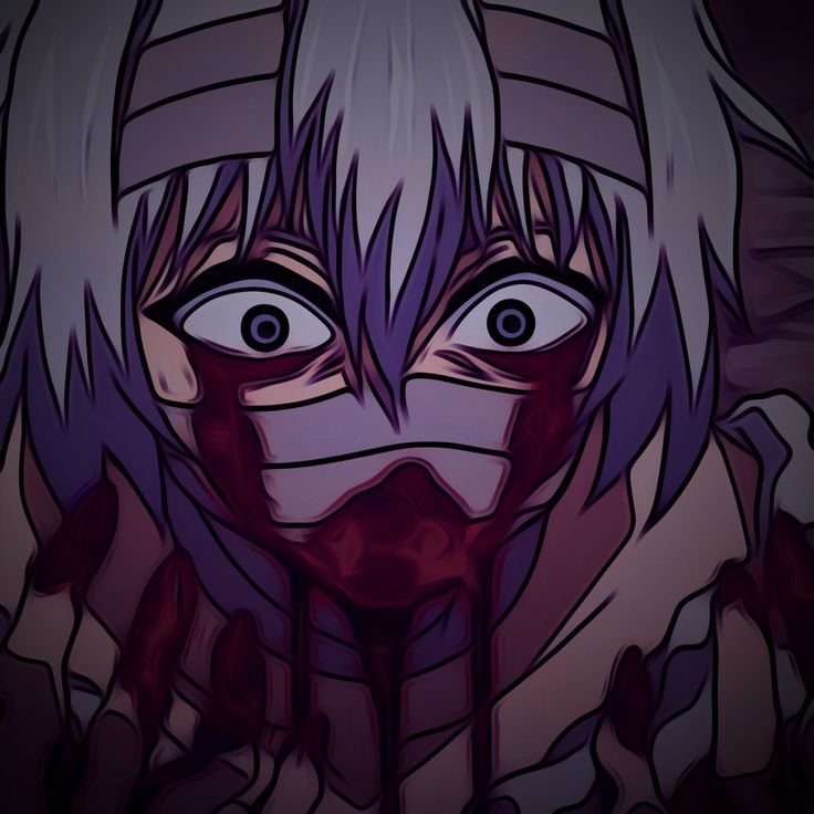 an anime character with purple hair and blood dripping down his face, looking at the camera