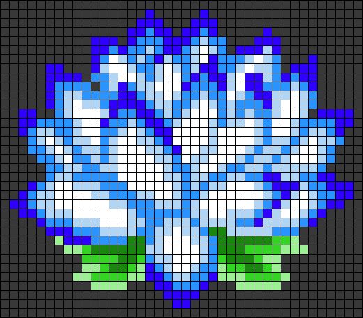 a blue and white flower with green leaves on the bottom is shown in pixellated pixels