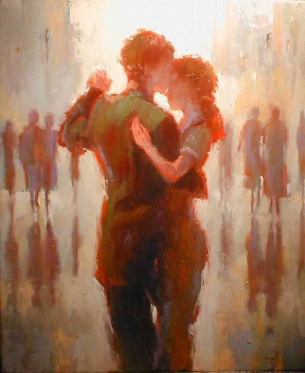 an oil painting of two people hugging in the middle of a city street with pedestrians walking by