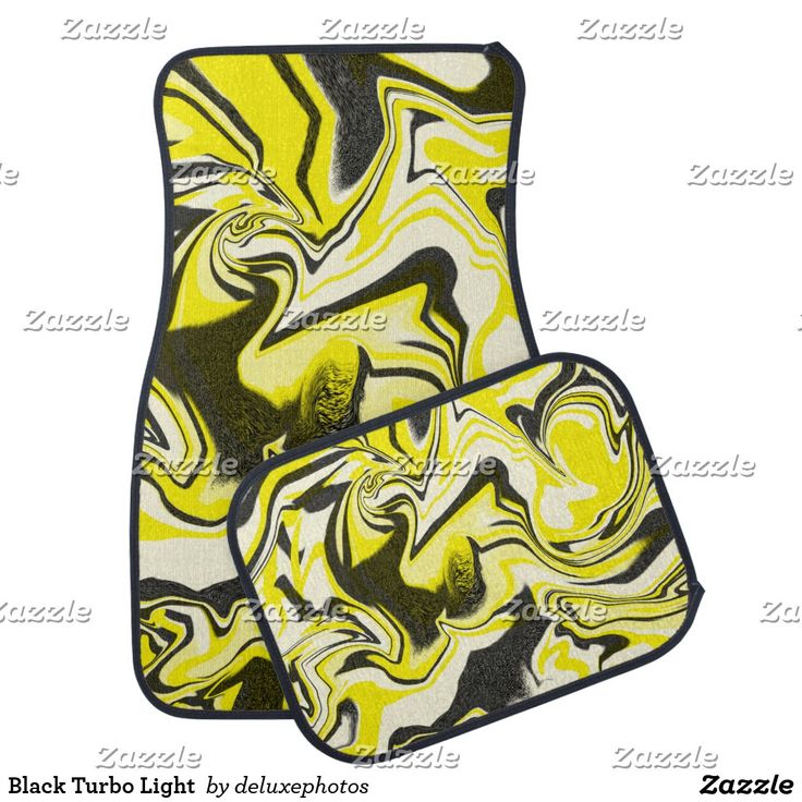 two yellow and black car mats with an abstract design on the front, one is made from