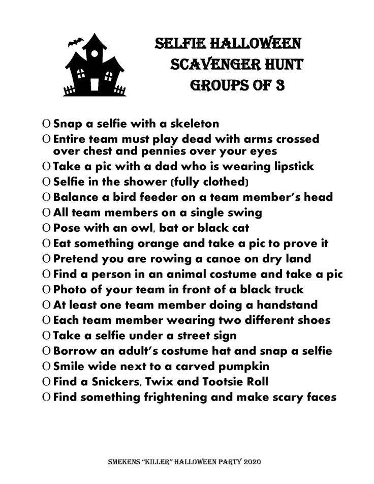 a printable halloween scavenger hunt for 3 groups of 3 with the text below it