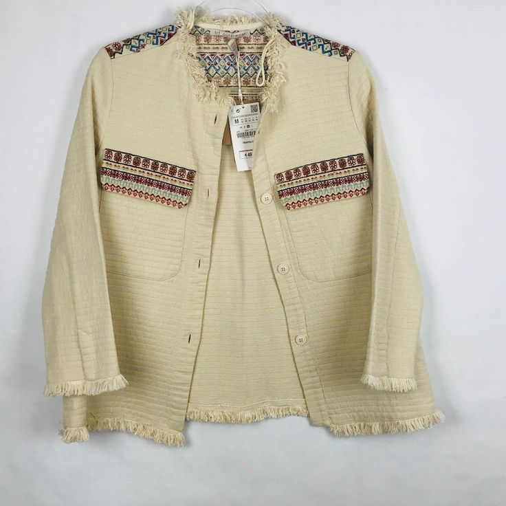 Trf Outerwear Zara Size Medium Embroidered Jacket Fringed Hem And Sleeves Fall Beige Outerwear With Floral Embroidery, Beige Folk Style Long Sleeve Tops, Beige Long Sleeve Folk Top, Beige Floral Embroidered Outerwear For Fall, Beige Cotton Outerwear With Floral Embroidery, Casual Beige Embroidered Outerwear, Embroidered Cream Outerwear For Spring, Cream Long Sleeve Outerwear With Floral Embroidery, Cream Embroidered Cotton Outerwear