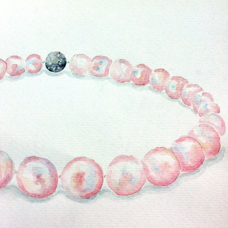 a watercolor painting of pink pearls and a black bead