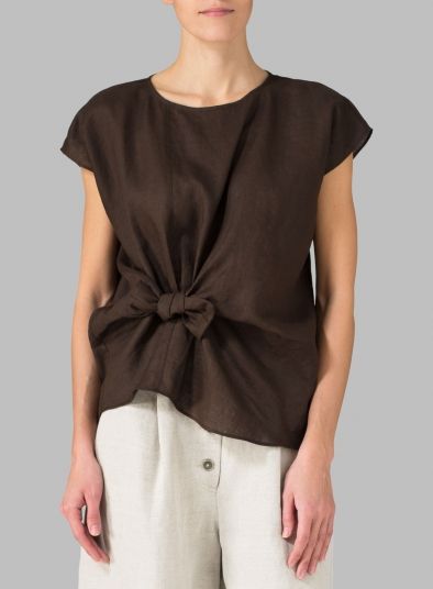 Linen Waist Self-tied Ribbon Top - Plus Size Chic Tied Blouse For Summer, Chic Summer Tied Blouse, Chic Tied Tops For Summer, Chic Summer Tops With Tied Details, Elegant Summer Tops With Drawstring Tie, Elegant Linen Tops With Tie Back, Elegant Linen Top With Tie Back, Elegant Linen Tie Back Tops, Casual Linen Tie-back Tops