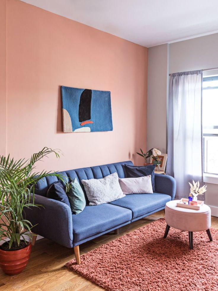 a living room with pink walls, blue couch and potted plant in the corner