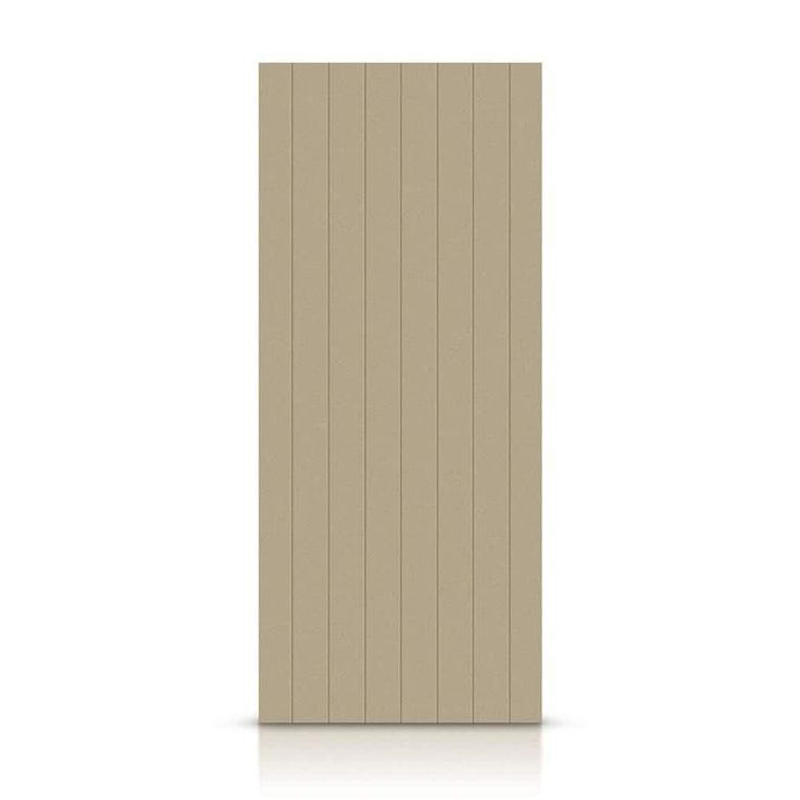 a beige door with vertical slats on the side and bottom paneling, in front of a white background