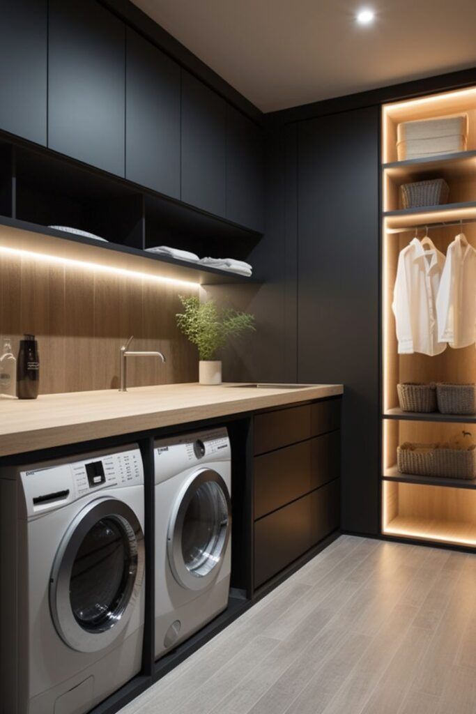 a washer and dryer in a room next to a shelf with clothes on it