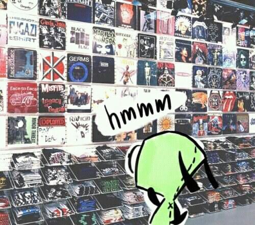 there is a wall full of cds with the words mmm on it and an image of a dog