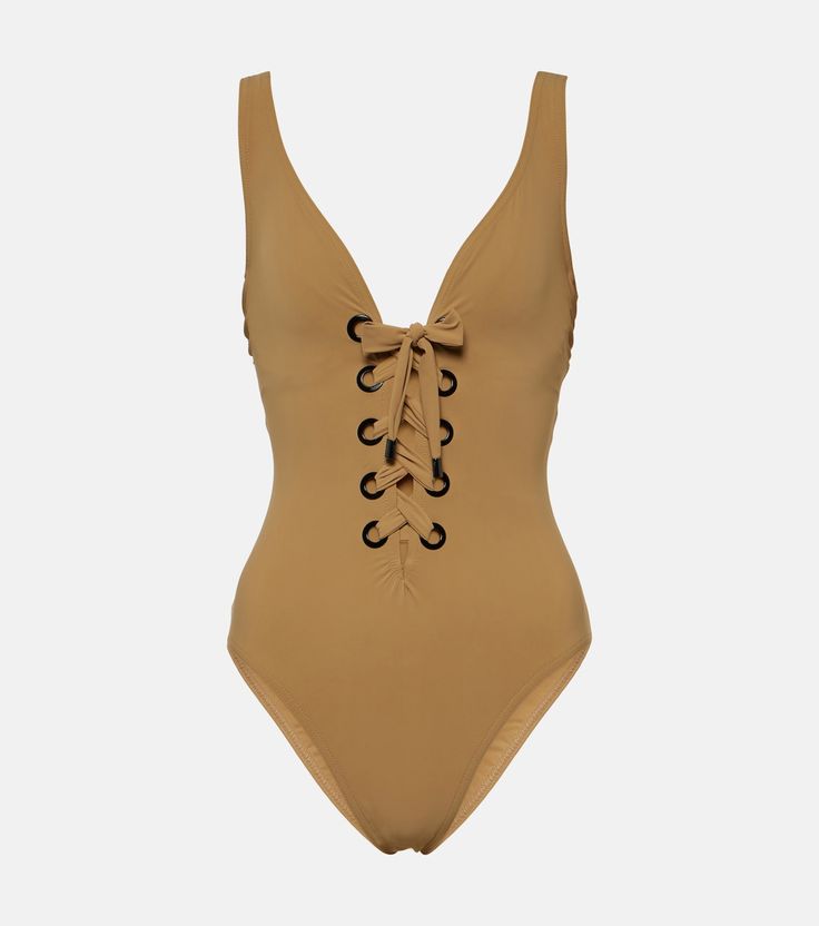 Lucy lace-up swimsuit in beige - Karla Colletto | Mytheresa Summer Lace-up Back Swimwear For Poolside, Nylon Drawstring Swimwear For Poolside, Drawstring Nylon Swimwear For Poolside, Beachwear Swimwear With Lace-up Back, Lace-up Back Swimwear For Beach Season, Summer Stretch Swimwear With Lace-up Back, Summer One-piece Swimwear With Lace-up Back, One-piece Swimwear With Lace-up Back For Summer, Chic Beach Swimwear With Drawstring