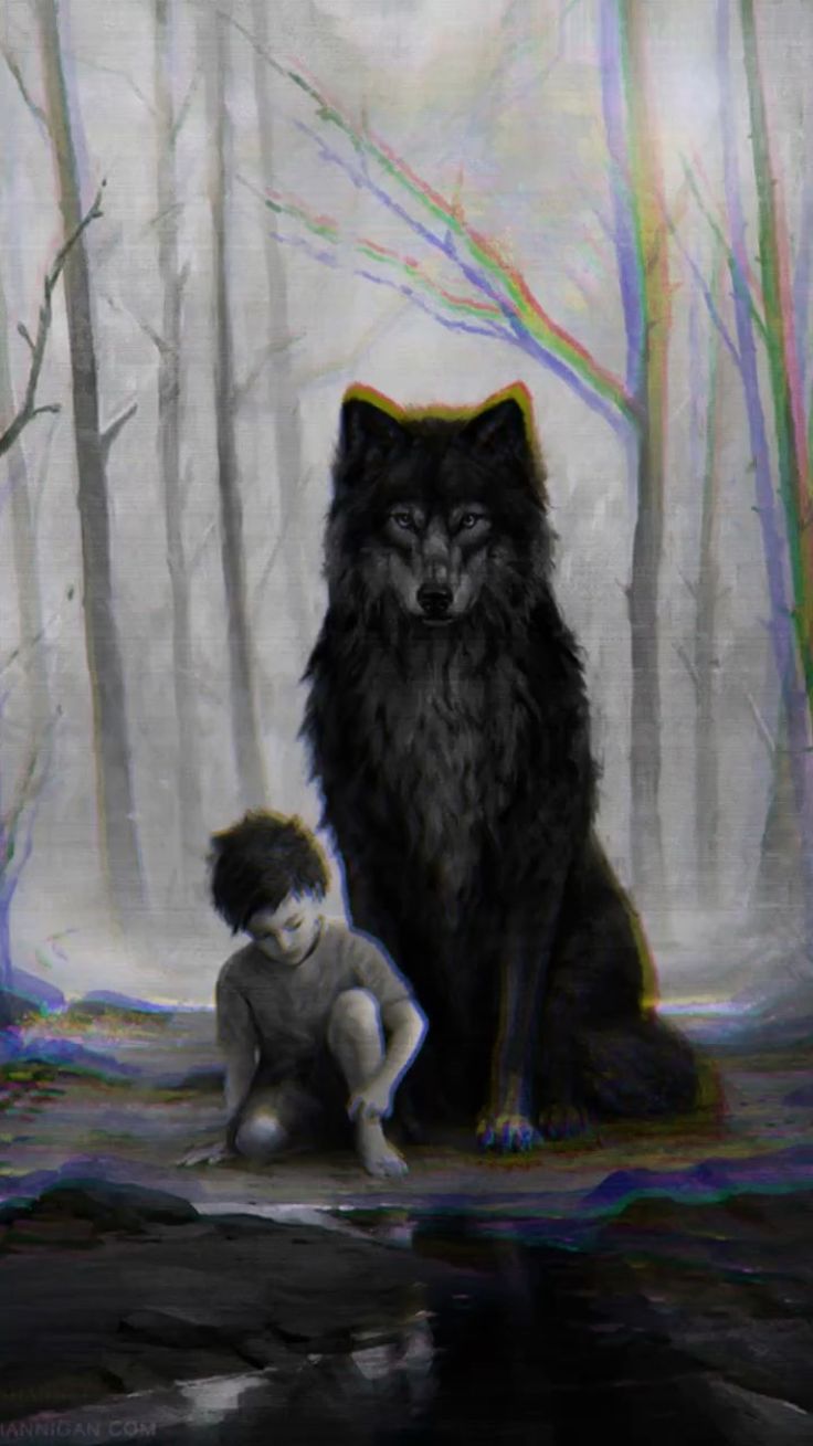 a painting of a boy and a wolf in the woods