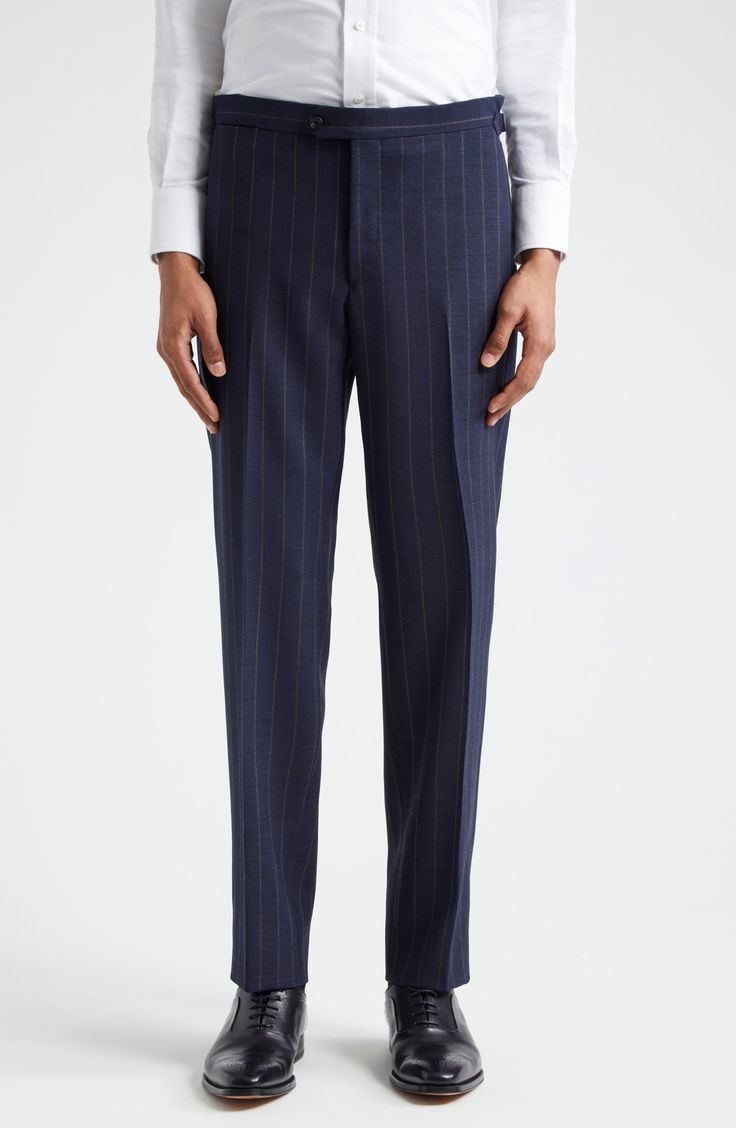 Pinstripes point up the precision tailoring of this structured suit cut from sumptuous wool in a single-breasted silhouette and framed with wide peaked lapels. Jacket has two-button closure; peaked lapels; four-button cuffs; chest welt pocket; front flap pockets; ticket pocket Trousers have zip fly with button-tab closure; front slant pockets; back button-welt pockets; adjustable waist Jacket is partially lined Trousers are unhemmed 100% wool Dry clean Made in Italy Designer Clothing Waist Jacket, Navy And Brown, Wool Suit, Flap Pocket, Welt Pocket, Welt Pockets, Single Breasted, Nordstrom, Dry Clean