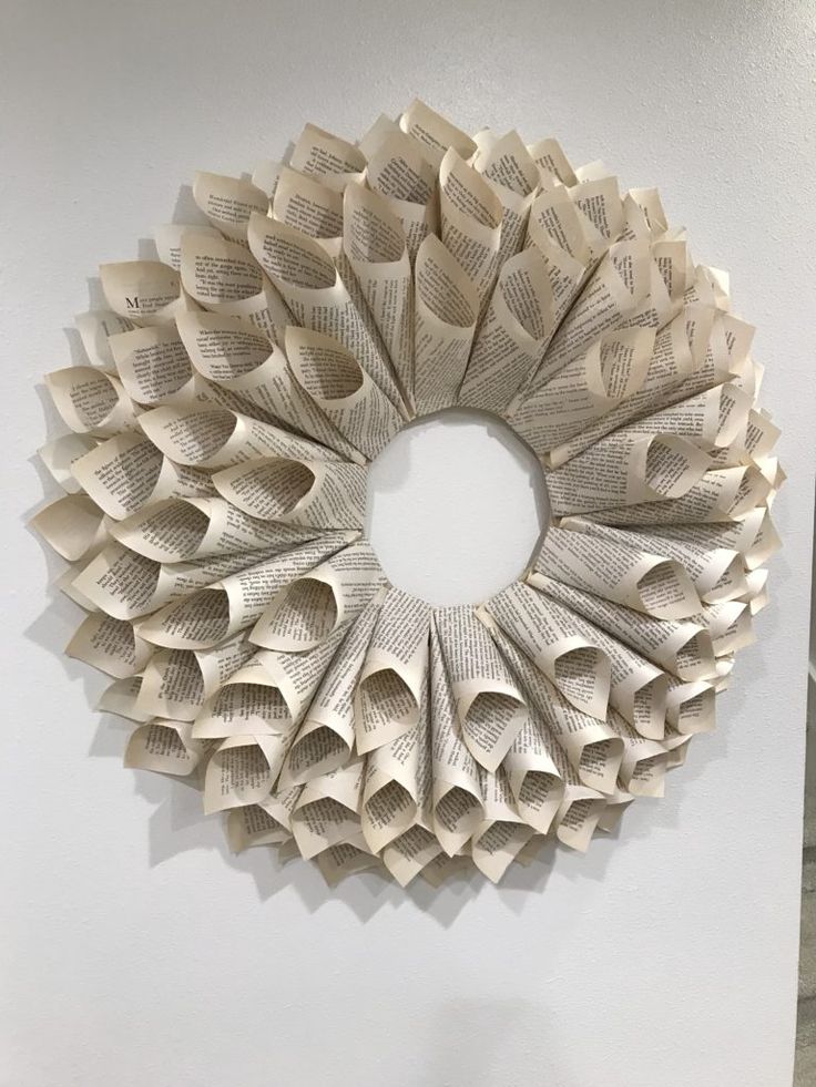 a book page wreath hanging on the wall