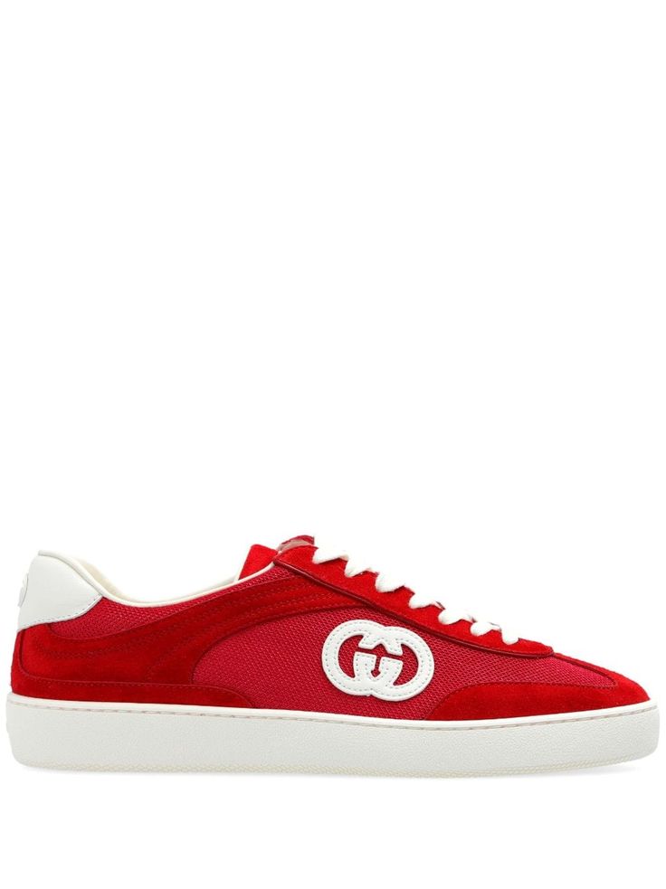 cardinal red/white suede trim panelled design mesh panelling front lace-up fastening branded heel counter rubberised logo detail signature Interlocking G logo rubber sole branded leather insole rubber sole We've partnered with Good On You — an independent agency that rates how brands perform in relation to their impact on the planet, people and animals, with a multi-criteria rating simplified to a five points scale. In order to be awarded our conscious label, larger brands need to score a minimu Gucci Lace-up Sneakers With Logo Detail, Luxury Gucci Sneakers With Embroidered Logo, Red High-top Sneakers With Embroidered Logo, Designer Gucci High-top Sneakers With Embroidered Logo, Gucci Designer High-top Sneakers With Embroidered Logo, Gucci Leather Sneakers With Embroidered Logo, Gucci Leather High-top Sneakers With Embroidered Logo, Designer Gucci Sneakers With Embroidered Logo, Gucci Designer Sneakers With Embroidered Logo