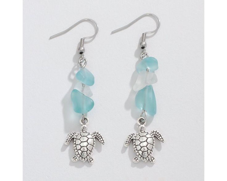 Silver Turtle + Aqua Seaglass - Earrings - Mellow Monkey Elegant Adjustable Jewelry For Beach Season, Ocean-inspired Jewelry With Lobster Clasp For Vacation, Ocean-inspired Jewelry For Vacation With Lobster Clasp, Beach Metal Drop Earrings, Beach Drop Earrings In Metal, Ocean-inspired Jewelry For Vacation, Metal Drop Earrings For Beach, Casual Metal Hypoallergenic Jewelry, Ocean-inspired Sterling Silver Beach Jewelry