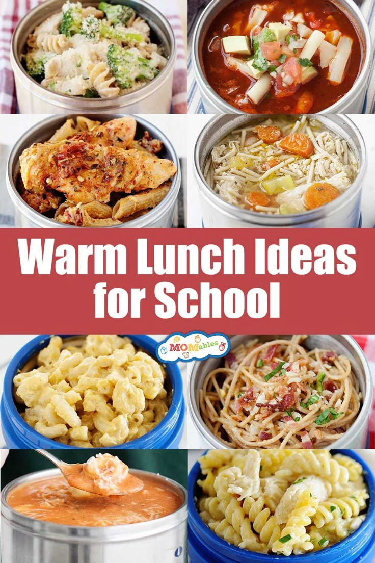 many different bowls filled with food and the words warm lunch ideas for school