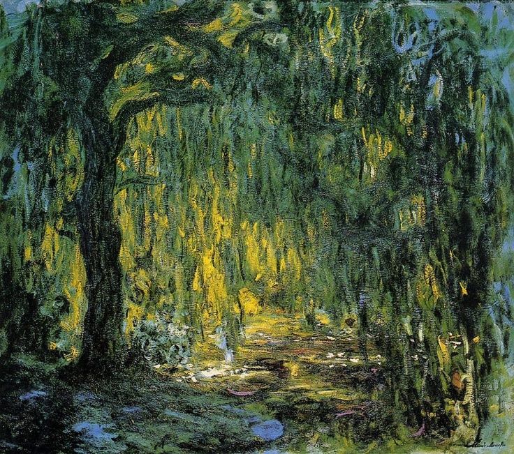 a painting of trees and water in a forest with yellow leaves on the branches overhanging them