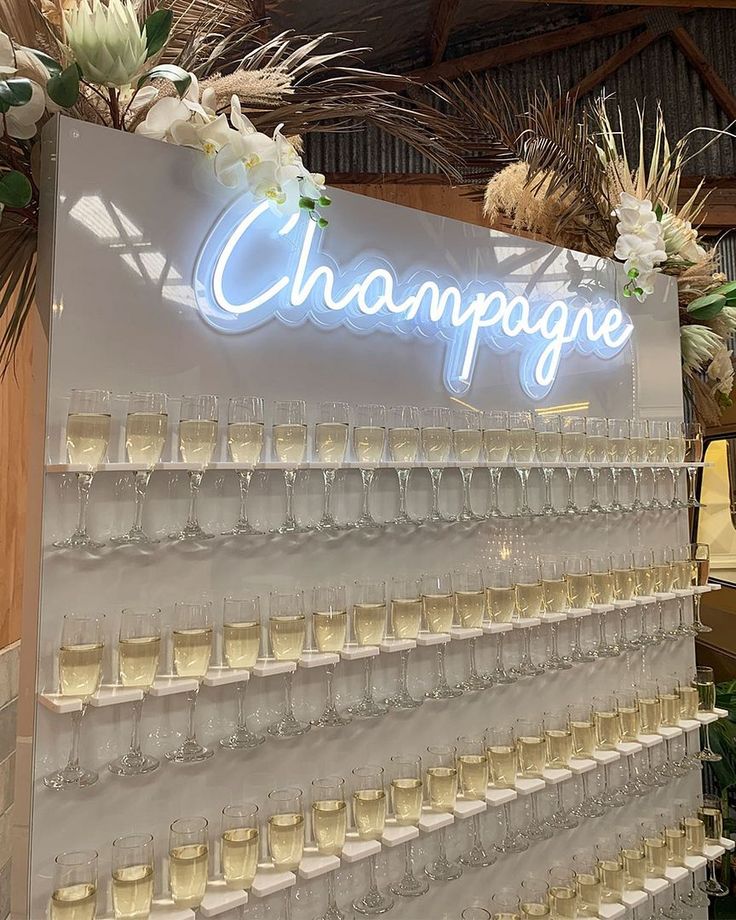 Champagne Neon Sign Champagne Wall, Idee Babyshower, Wedding Neon Sign, Future Wedding Plans, Neon Wedding, Wedding Goals, Custom Neon Signs, Here Comes The Bride, 21st Birthday