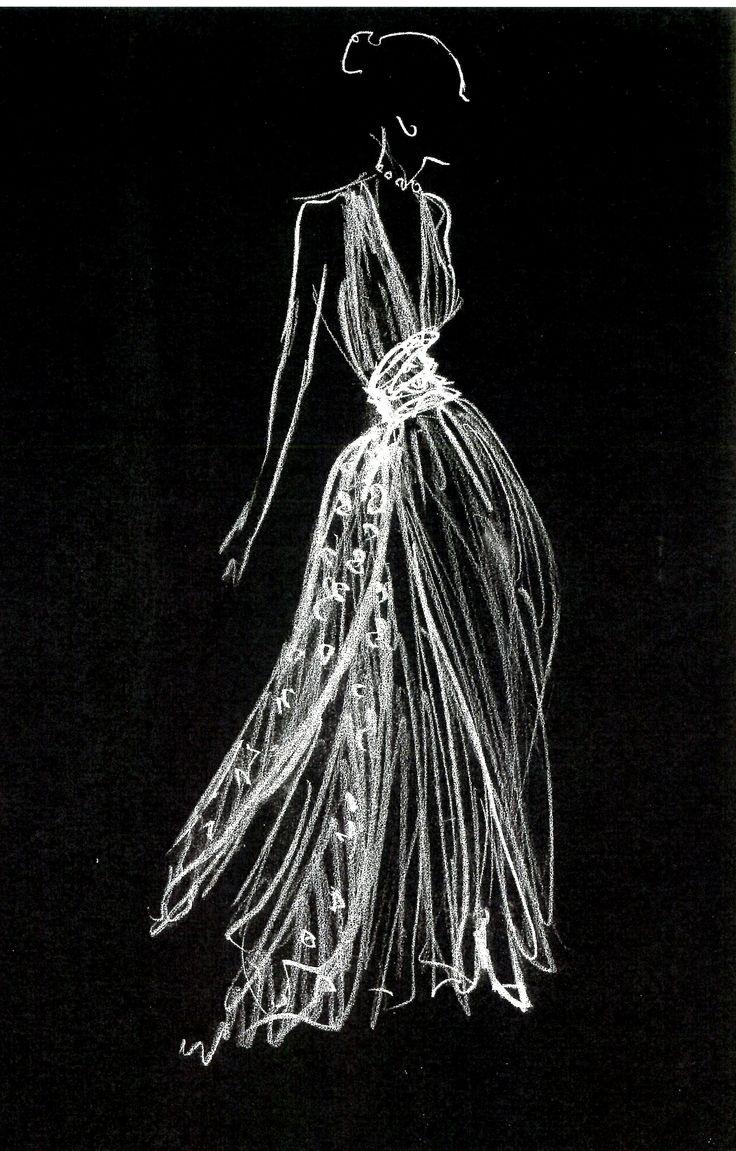 a black and white drawing of a woman in a long dress with feathers on it