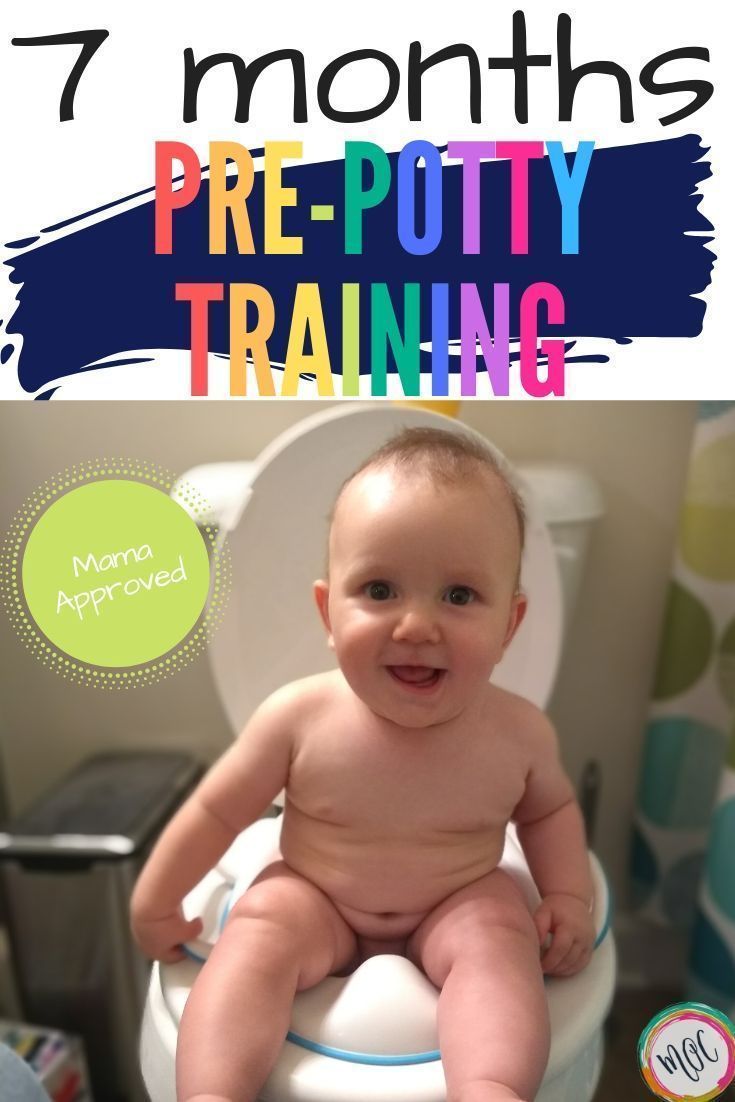 a baby sitting on top of a toilet with the words 7 months pre - potty training